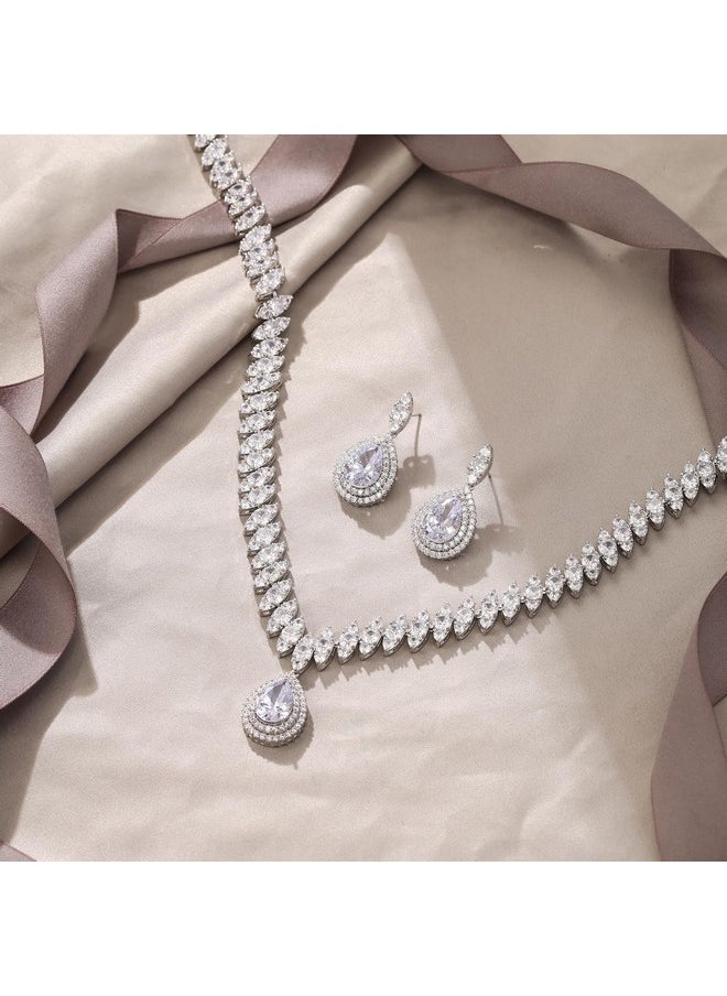 EVER FAITH - Women'S Cz Marquise-Shaped Leaf Teardrop Pendant Necklace Earrings Set Clear Silver-Tone - Image 1