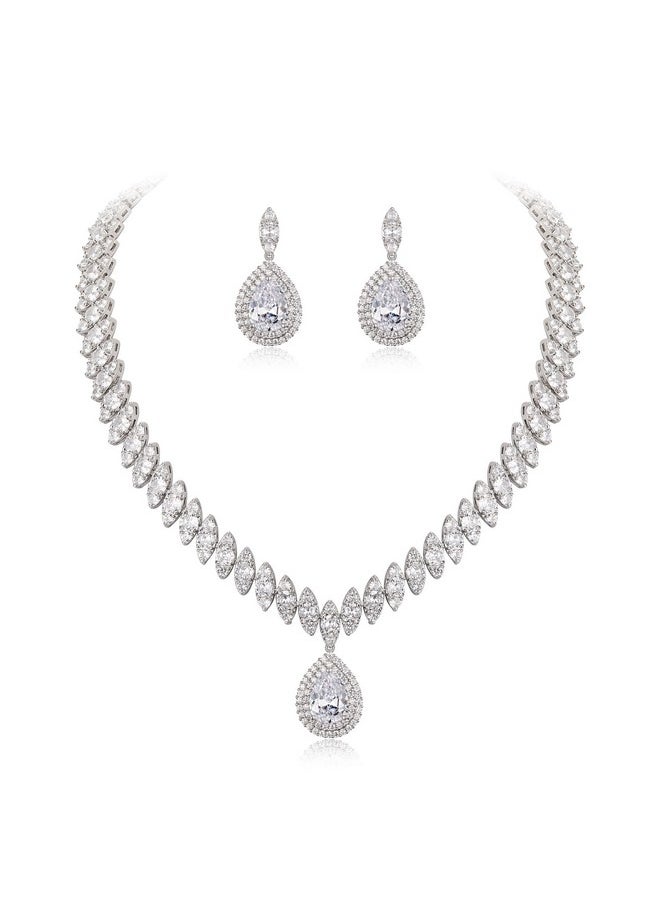 EVER FAITH - Women'S Cz Marquise-Shaped Leaf Teardrop Pendant Necklace Earrings Set Clear Silver-Tone - Image 1