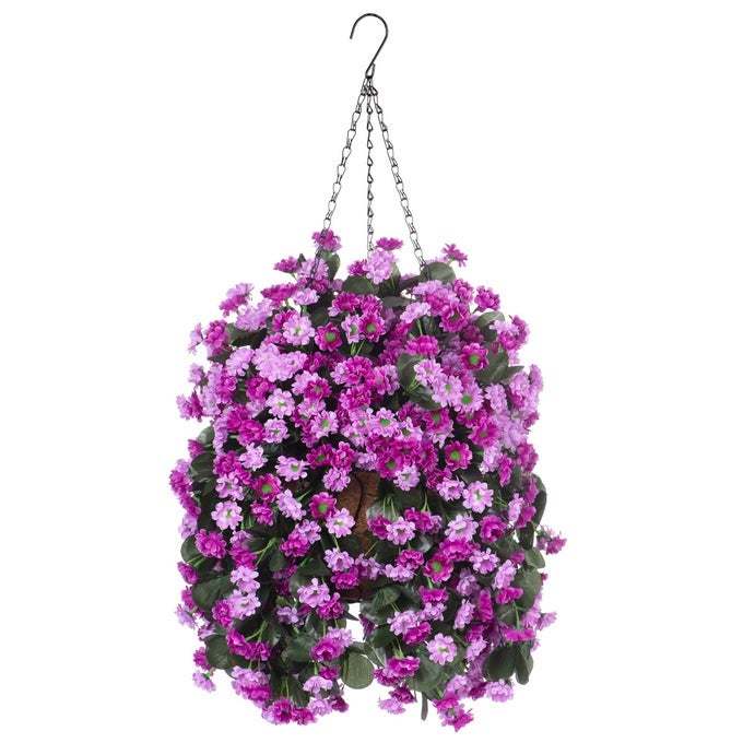 Artificial Flowers in Hanging Basket for Outdoors Indoors Decor Artificial Mums Bush Flowers Plants with Baskets for Home Porch Garden Yard Patio Spring Summer Decoration Purple Pink