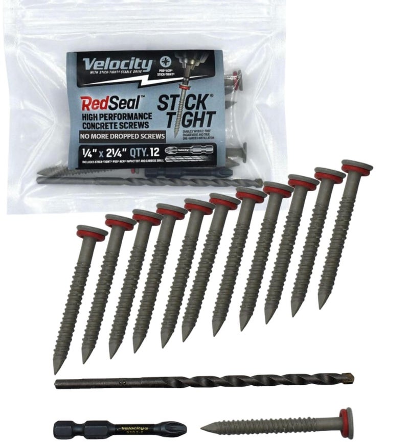 Phillips' Velocity 2 1/4 Concrete Screws Kit with RedSeal Moisture Barrier (Flat Head, Size 1/4”) – Includes 12 High-Performance Concrete Screw PCS, 1 Drill Bit, and 1 Driver Bit - Image 1