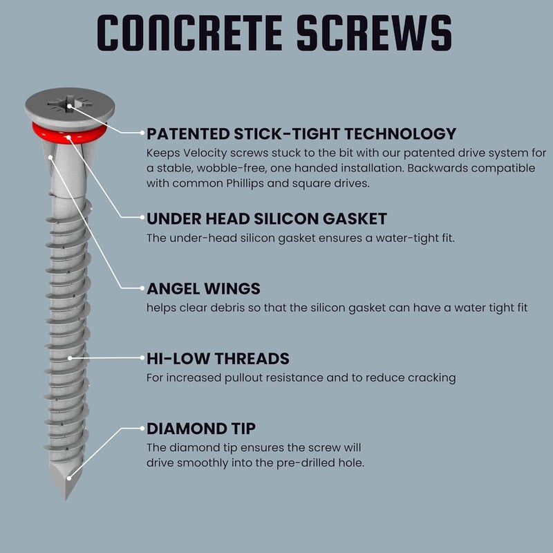 Phillips' Velocity 2 1/4 Concrete Screws Kit with RedSeal Moisture Barrier (Flat Head, Size 1/4”) – Includes 12 High-Performance Concrete Screw PCS, 1 Drill Bit, and 1 Driver Bit - Image 2