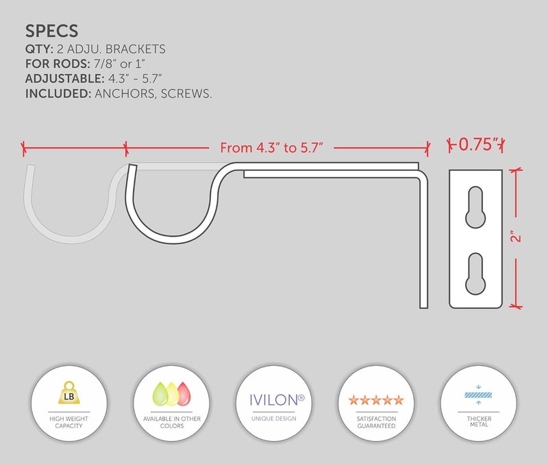 Ivilon Adjustable Brackets for Curtain Rods - for 7/8 or 1 Inch Rods. Set of 2 - Warm Gold - Image 4