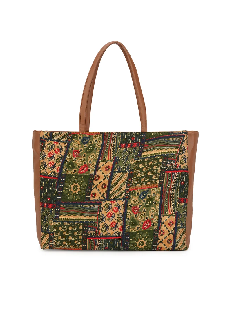 globus Globus Women Brown Vegan Leather Ethnic Floral Print Double Handle Tote Bag