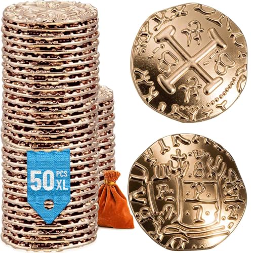 Prefdo Metal Pirate Coins 50PCS X Large Gold Treasure Coin Set Spanish Doubloon Replicas Fantasy Metal Coins Pirate Gold Coins Tokens for Board Games Pirate Party Cosplay - Image 1