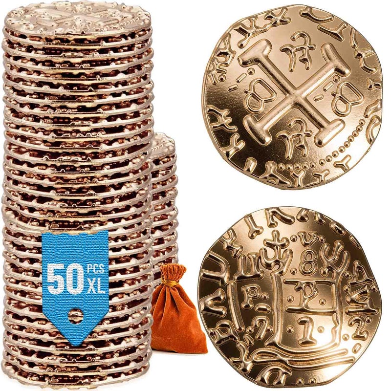 Prefdo Metal Pirate Coins 50PCS X Large Gold Treasure Coin Set Spanish Doubloon Replicas Fantasy Metal Coins Pirate Gold Coins Tokens for Board Games Pirate Party Cosplay - Image 2