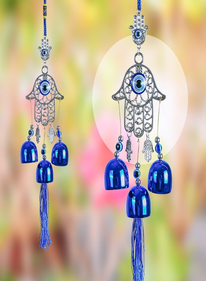 ZAICUS Blue Evil Eye Hamsa Palm Wall Hanging with Nazar Battu & 3 Bells – Protective Charm for Good Luck, Prosperity, and Positive Energy in Your Home, Office, and Car - Image 2