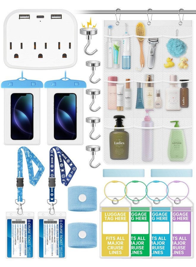 NiHome 19-Piece Cruise Trip Essentials Kit - Power Strip, Waterproof Phone Bags, Luggage Tag Holders, Magnetic Hooks, Cruise Card Lanyards, Towel Bands, Anti-Seasickness Bands And Shower Organizer Bag - Image 1