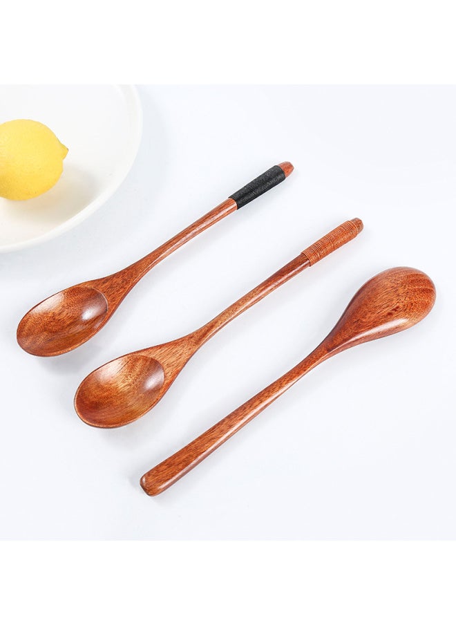 Generic - Japanese Style Long Handle Spoon Fork Set Jujube Wood Spoon Fork Home Dining Utensils Engraved Logo Available-Specifications:22.5cm Nanmu Semi-round Handle Black Line Set - Image 1