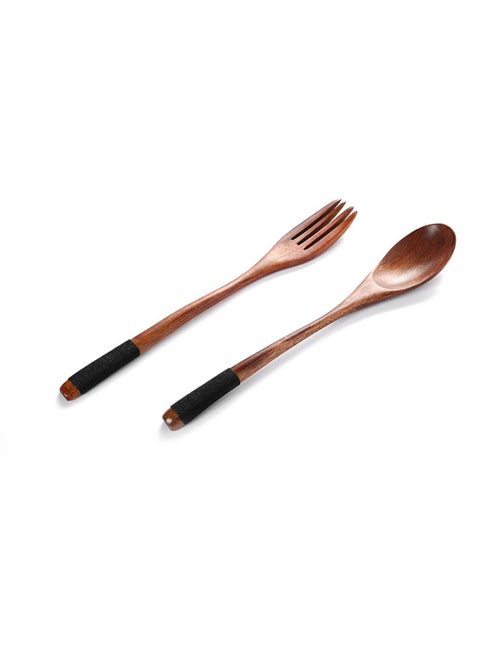 Japanese Style Long Handle Spoon Fork Set Jujube Wood Spoon Fork Home Dining Utensils Engraved Logo Available-Specifications:22.5cm Nanmu Semi-round Handle Black Line Set