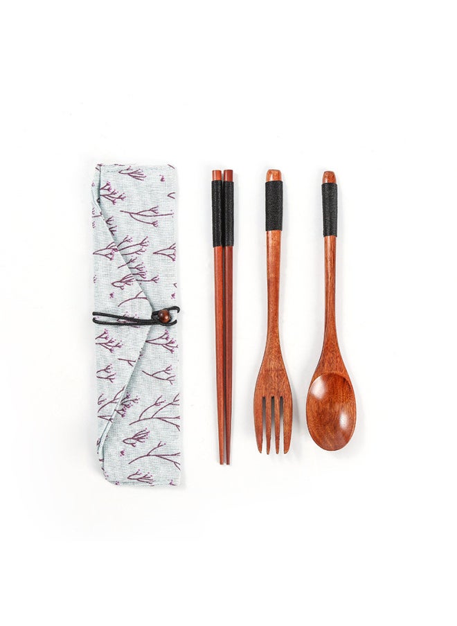 Generic - Japanese Style Long Handle Spoon Fork Set Jujube Wood Spoon Fork Home Dining Utensils Engraved Logo Available-Specifications:22.5cm Nanmu Semi-round Handle Black Line Set - Image 1