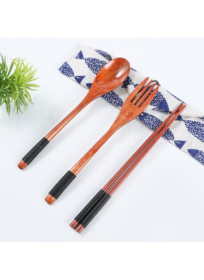 Generic - Japanese Style Long Handle Spoon Fork Set Jujube Wood Spoon Fork Home Dining Utensils Engraved Logo Available-Specifications:22.5cm Nanmu Semi-round Handle Black Line Set - Image 1