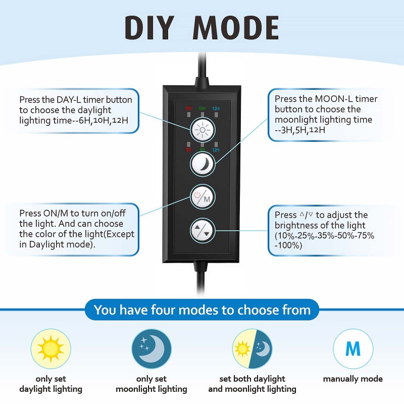 hygger Clip On Full Spectrum Aquarium LED Light, 14W Day-Night Dual Timer Sunrise-Day-Sunset-Moon Fish Tank Light, Adjustable Timer Brightness with 9 Colors for Planted Tank - Image 2