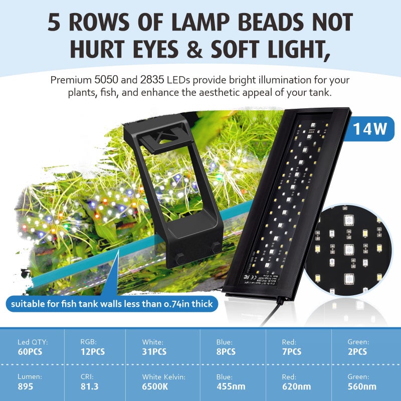 hygger Clip On Full Spectrum Aquarium LED Light, 14W Day-Night Dual Timer Sunrise-Day-Sunset-Moon Fish Tank Light, Adjustable Timer Brightness with 9 Colors for Planted Tank - Image 3