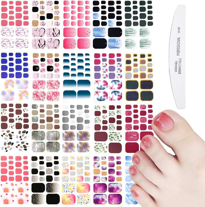 WOKOTO 20 Sheets Gradient Toe Nail Polish Strips And Stickers And 1 Nail File Kit Colorful 22 Tips Per Sheet Glitter Toenail Nail Polish Stickers Wraps For Women Nail Salon Manicure Set