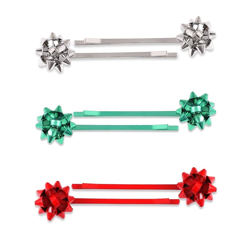 6Pack Christmas Bow Hair Clip Hairpin Headdress Hair Bows Alligator Clips For Woman red green silver