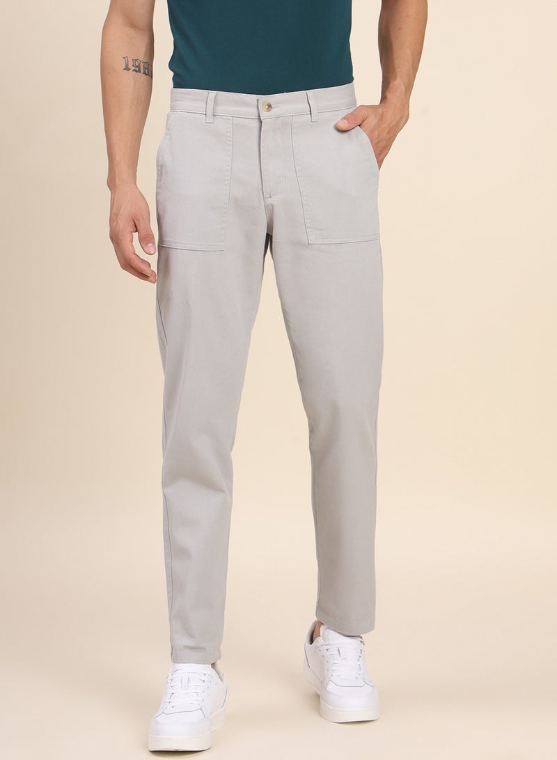 Dennis Lingo Men's Light Grey Cotton Blend Solid Pattern Full Length Chinos Tapered Trouser  - Image 2