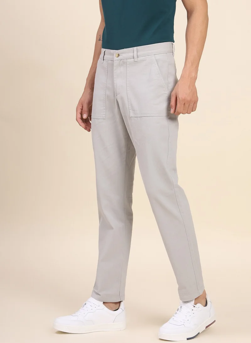 Dennis Lingo Men's Light Grey Cotton Blend Solid Pattern Full Length Chinos Tapered Trouser