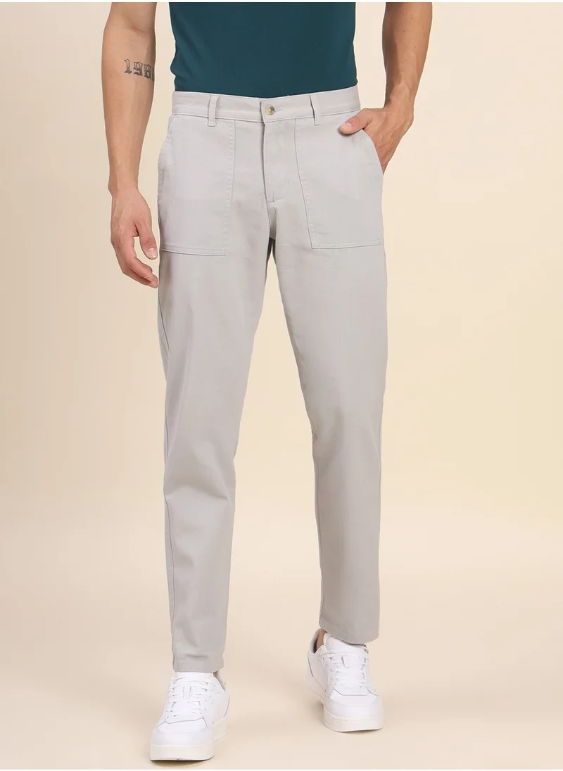 Dennis Lingo Light Grey Tapered Fit Solid Trouser for Men - Cotton Lycra, Full Length, Button & Zip, Chinos, Mid Rise, Casual