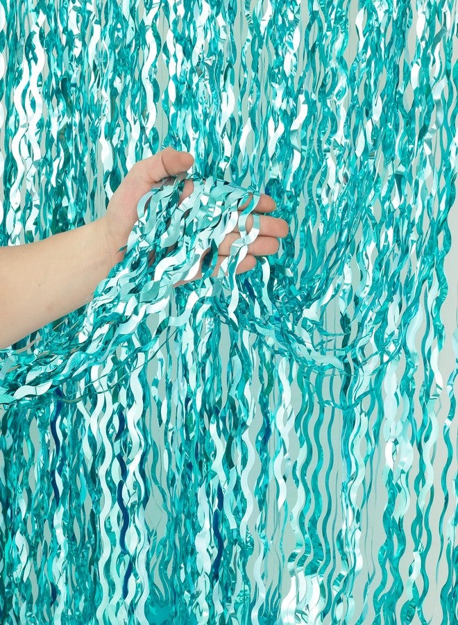 KEEUH 4 Pack 3.3 ft x 6.6 ft Wavy Aqua Teal Blue Tinsel Foil Fringe Curtains Backdrop - Wave Metallic Foil Curtains for Wedding Girl Princess Bachelorette Euphoria Theme Party Decoration - Image 2