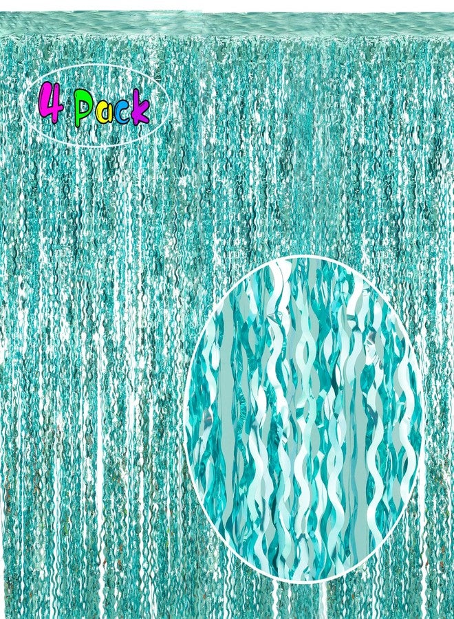 KEEUH 4 Pack 3.3 ft x 6.6 ft Wavy Aqua Teal Blue Tinsel Foil Fringe Curtains Backdrop - Wave Metallic Foil Curtains for Wedding Girl Princess Bachelorette Euphoria Theme Party Decoration - Image 1