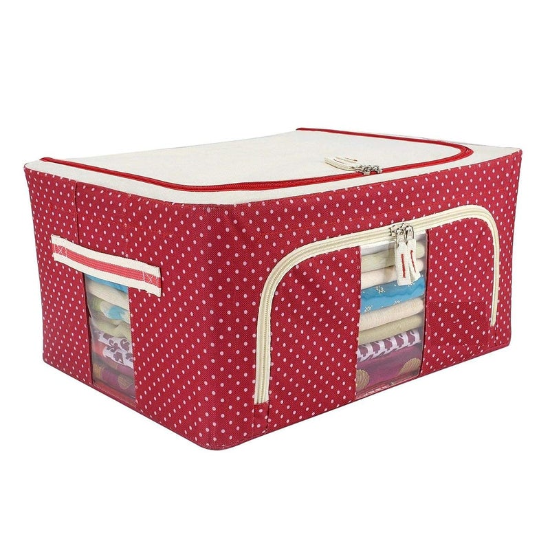AR MALL Foldable Linen Fabric Steel Frame Cloth Laundry Saree Blankets Undergarments Storage Organizer Boxes For Wardrobe Red Dotted - Image 1