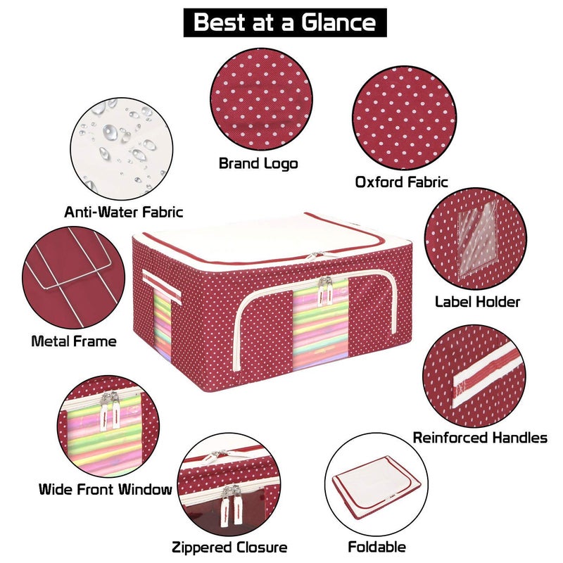 AR MALL Foldable Linen Fabric Steel Frame Cloth Laundry Saree Blankets Undergarments Storage Organizer Boxes For Wardrobe Red Dotted - Image 3