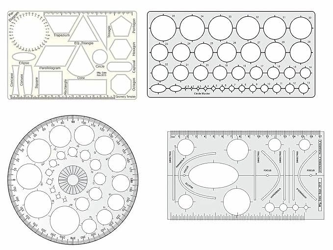 Prabhas Designs Plastic Circle Master (35 Circles), Pro Circle (25 Circles), Hyperbola- Parabola Template, Geometry Template (16 Shapes), (Set of 4) Drafting Scale Rulers for Architect,Engineering and Students - Image 1