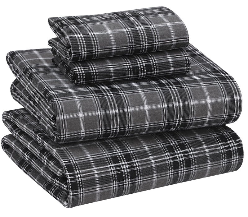 RUVANTI Flannel Sheets Queen Size - 100% Cotton Double Brushed Bed Sheets, Deep Pockets 16 Inches Queen Sheet Set, All Seasons Breathable & Extra Soft - Warm & Cozy, 4 Piece, Grey Plaid - Image 1