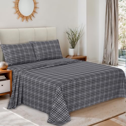 RUVANTI Flannel Sheets Queen Size - 100% Cotton Double Brushed Bed Sheets, Deep Pockets 16 Inches Queen Sheet Set, All Seasons Breathable & Extra Soft - Warm & Cozy, 4 Piece, Grey Plaid - Image 2