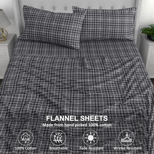 RUVANTI Flannel Sheets Queen Size - 100% Cotton Double Brushed Bed Sheets, Deep Pockets 16 Inches Queen Sheet Set, All Seasons Breathable & Extra Soft - Warm & Cozy, 4 Piece, Grey Plaid - Image 4