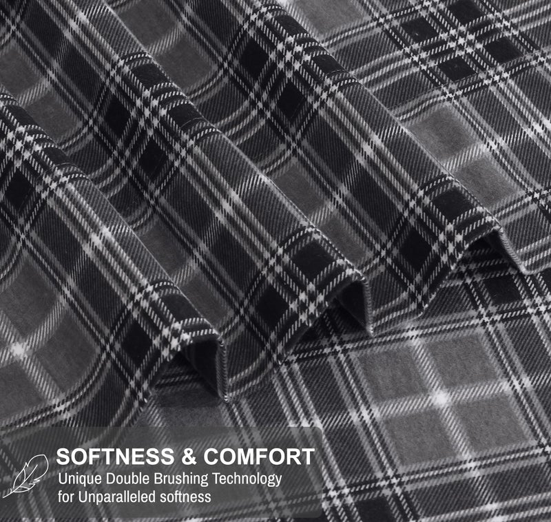 RUVANTI Flannel Sheets Queen Size - 100% Cotton Double Brushed Bed Sheets, Deep Pockets 16 Inches Queen Sheet Set, All Seasons Breathable & Extra Soft - Warm & Cozy, 4 Piece, Grey Plaid - Image 3