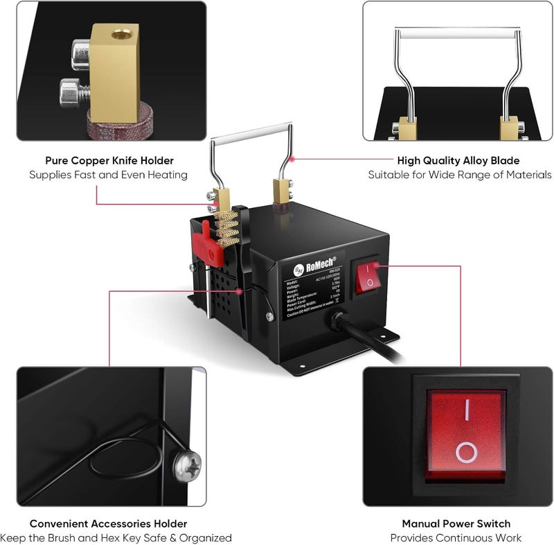ROMECH 60W Electric Rope Cutter, Hot Knife Thermal Blade, Bench Mount Cutting Tool Kit for Braid Fabric Webbing Belting Ribbon (60W, RM-026) - Image 3