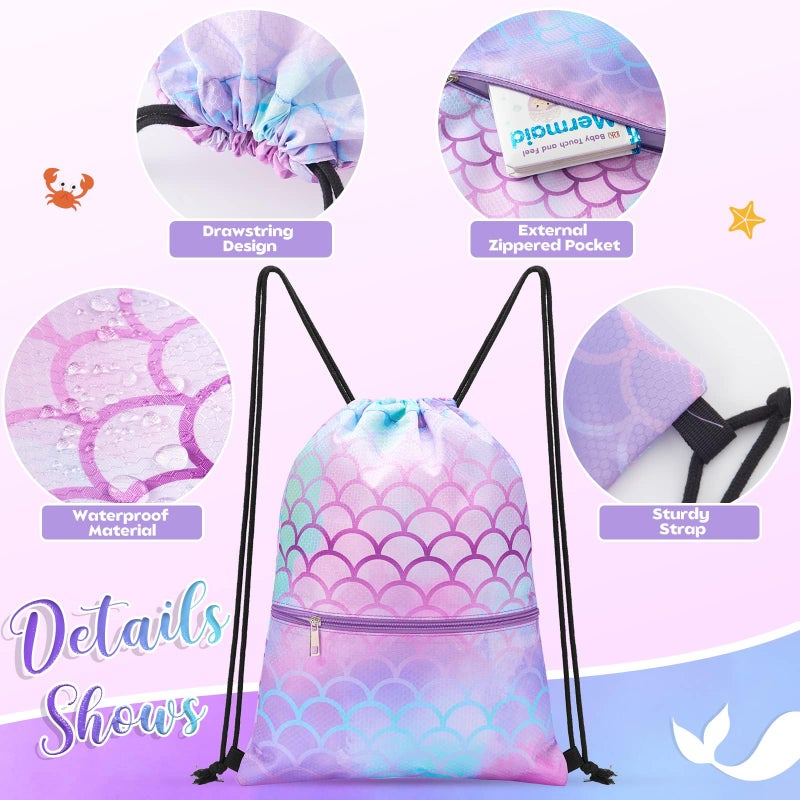 WAWSAM Mermaid Kids Drawstring Backpack Waterproof, Gym Swim Bag Cinch Bag for Girls Kids Waterproof Beach Bag Draw String Bags, Back to School Birthday Gift with Zippered Pocket - Image 3