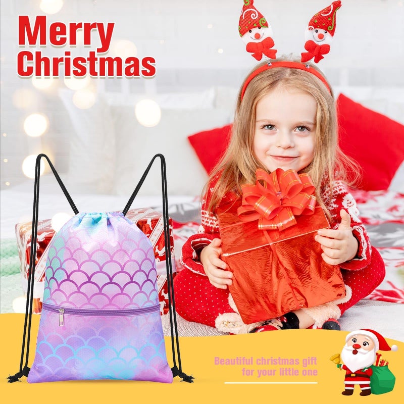 WAWSAM Mermaid Kids Drawstring Backpack Waterproof, Gym Swim Bag Cinch Bag for Girls Kids Waterproof Beach Bag Draw String Bags, Back to School Birthday Gift with Zippered Pocket - Image 2