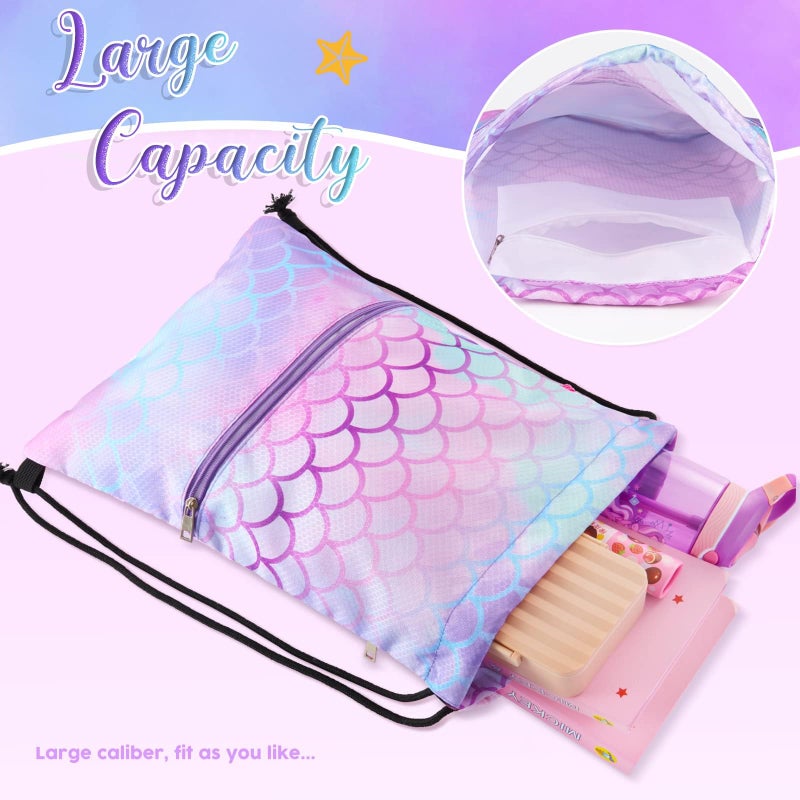 WAWSAM Mermaid Kids Drawstring Backpack Waterproof, Gym Swim Bag Cinch Bag for Girls Kids Waterproof Beach Bag Draw String Bags, Back to School Birthday Gift with Zippered Pocket - Image 4