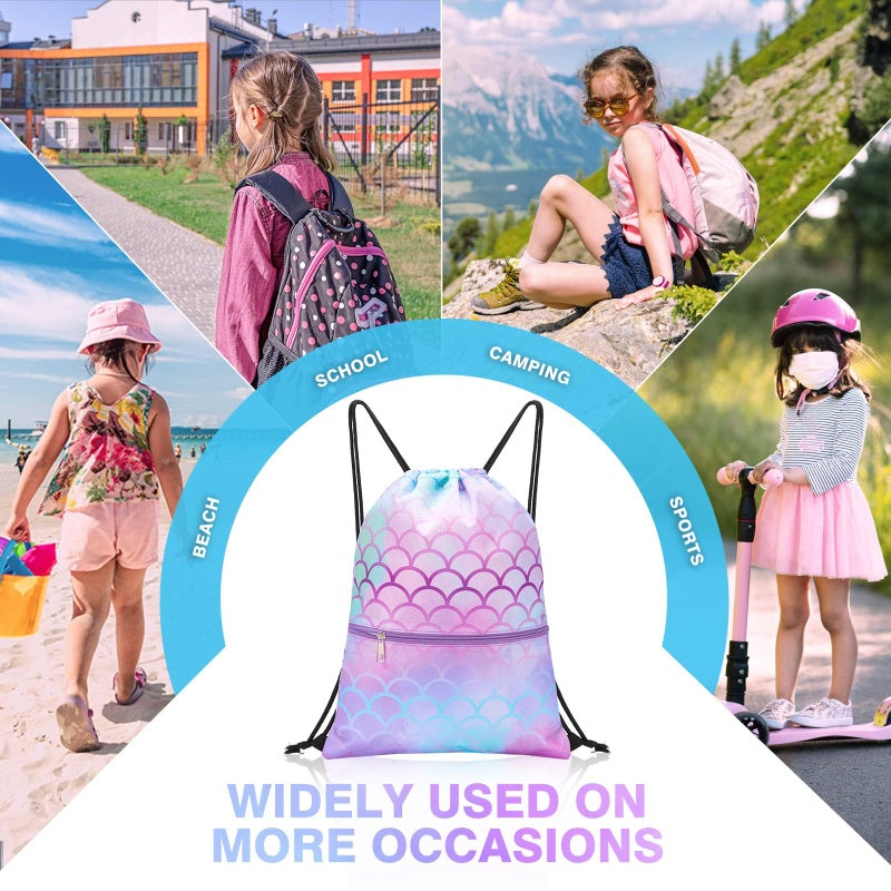 WAWSAM Mermaid Kids Drawstring Backpack Waterproof, Gym Swim Bag Cinch Bag for Girls Kids Waterproof Beach Bag Draw String Bags, Back to School Birthday Gift with Zippered Pocket - Image 5