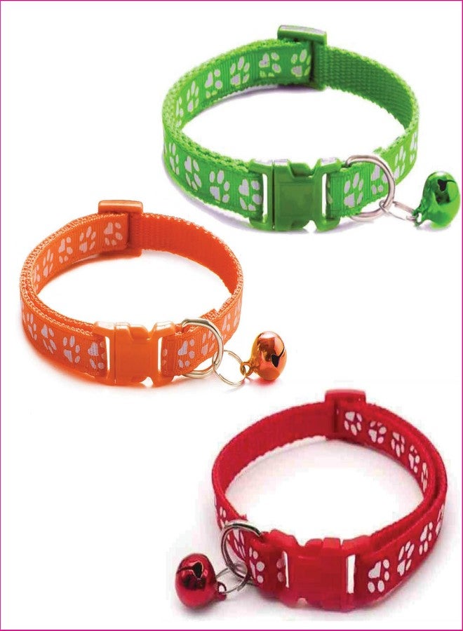 Litvibes Cat Collars Set of 3 with Bell,Kitten & Small Dogs Soft Adjustable Collar Safe,Solid & Protection Breakaway for Cats & Puppies,Cute Kitty with Paw Print-(Green,Orange,Red) - Image 1