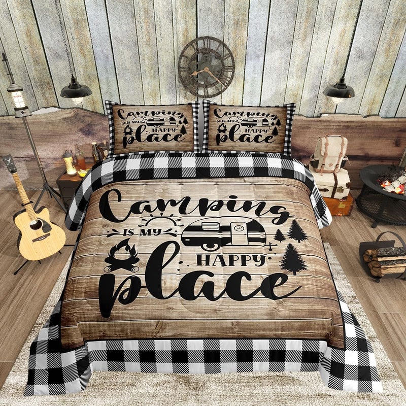 Man Fei Happy Camping Comforter Set Twin Size Camper RV Trailer Decor Bedding Set 2pcs for Kids Boys Girls Adults Rustic Wooden Plank Geometric Grids Down Comforter Brown Retro Duvet Insert 1 Pillowcase  - Image 2