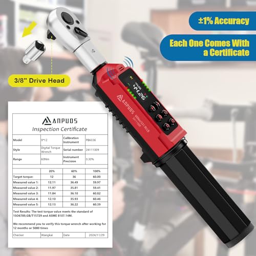ANPUDS Adjustable Digital Torque Wrench, 0.66-44.29 Ft.lb/0.9-60 Nm, Hvac Torque Wrench with 35mm Jaw, 3/8 Drive Ratchet, ±1% Accuracy, Vibration, Buzzer and LED Indicator for Split AC, Bike, Moto - Image 4