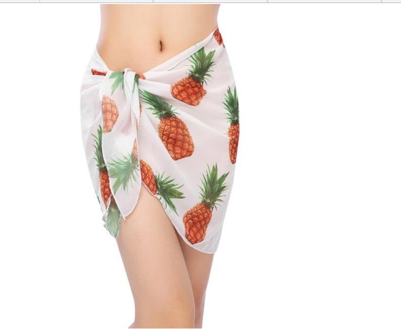 2025 summer European and American-style womens overskirt Amazon printed beach chiffon scarf draped skirt White pineapple