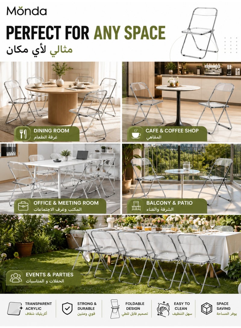 Monda Modern Acrylic Folding Chairs Transparent Folding Chairs Acrylic Chair Stackable with Crystal Plastic Seat Metal Frame Accent Side Chair for Home , Office , Wedding , Party (Transparent) - Image 5