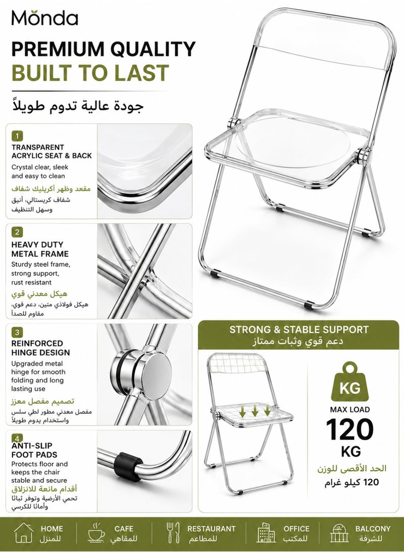 Monda Modern Acrylic Folding Chairs Transparent Folding Chairs Acrylic Chair Stackable with Crystal Plastic Seat Metal Frame Accent Side Chair for Home , Office , Wedding , Party (Transparent) - Image 3