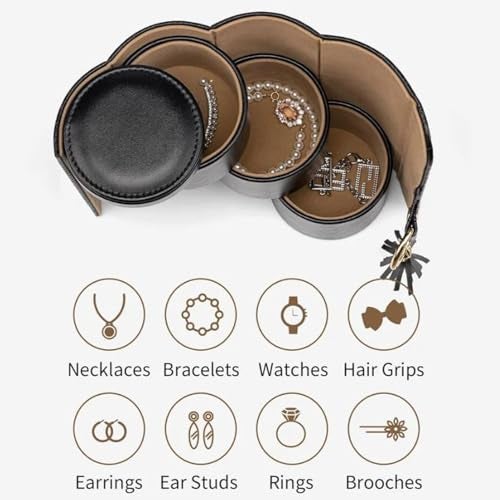 SIBY 3-Layer Travel Jewelry Case – Roll-Up Organizer with Tassel Charm, PU Leather Compact Storage for Rings, Earrings & Necklaces(BLACK) - Image 5
