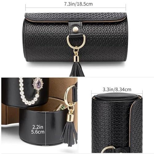 SIBY 3-Layer Travel Jewelry Case – Roll-Up Organizer with Tassel Charm, PU Leather Compact Storage for Rings, Earrings & Necklaces(BLACK) - Image 4