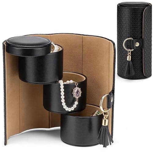 SIBY 3-Layer Travel Jewelry Case – Roll-Up Organizer with Tassel Charm, PU Leather Compact Storage for Rings, Earrings & Necklaces(BLACK) - Image 1