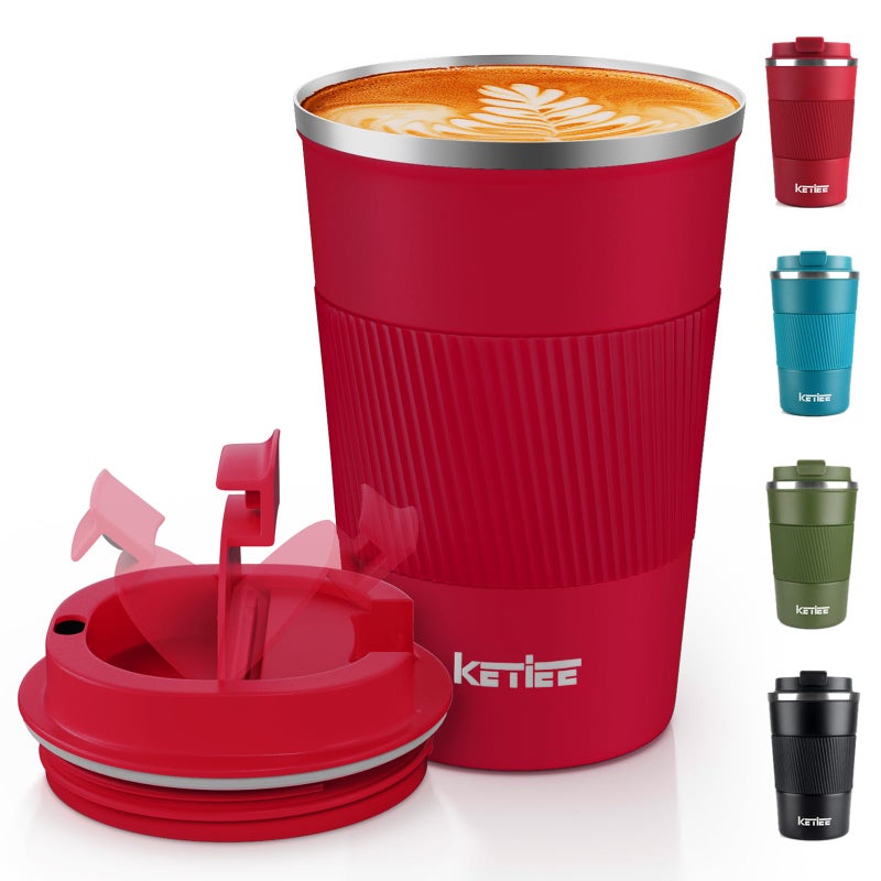 KETIEE Travel Mugs, 380ml Insulated Coffee Cup with Leakproof Lid,Reusable Coffee Cups Travel Cup,Coffee Travel Mug,Double Walled Coffee Mug,Stainless Steel thermaol Mug for Hot Cold Drinks,Red - Image 1