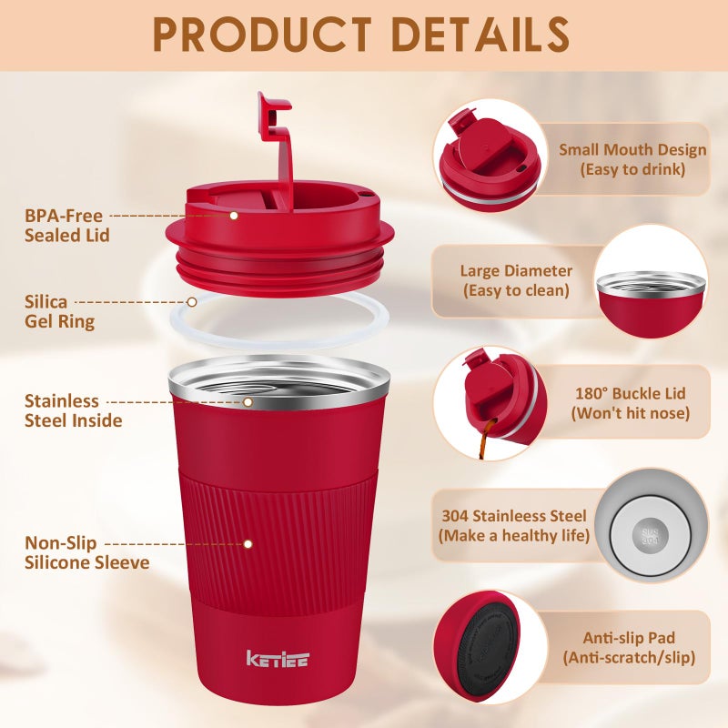KETIEE Travel Mugs, 380ml Insulated Coffee Cup with Leakproof Lid,Reusable Coffee Cups Travel Cup,Coffee Travel Mug,Double Walled Coffee Mug,Stainless Steel thermaol Mug for Hot Cold Drinks,Red - Image 2
