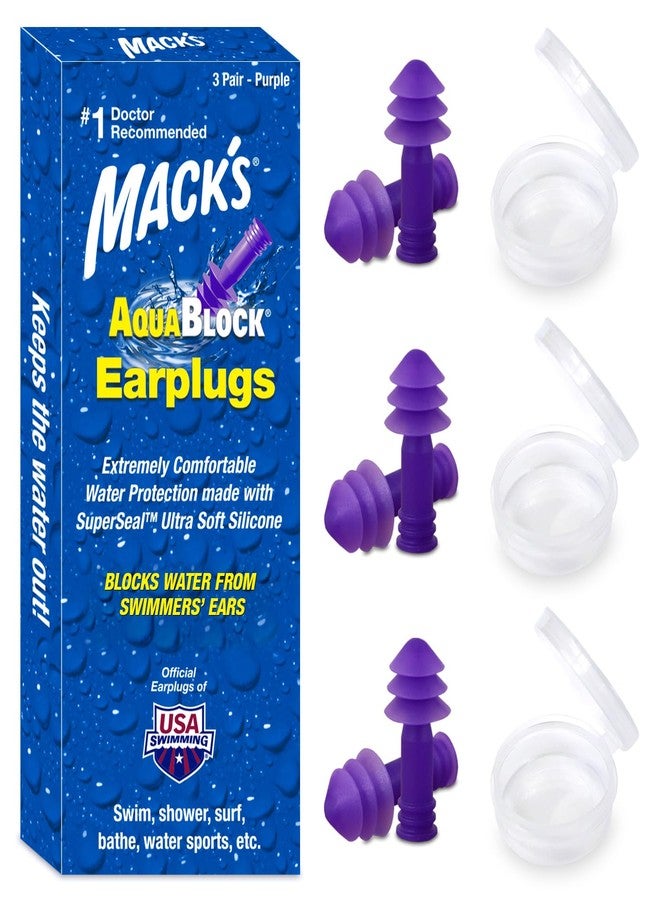 Mack's AquaBlock Swimming Earplugs, 3 Pair - Comfortable, Waterproof, Reusable Silicone Ear Plugs for Swimming, Snorkeling, Showering, Surfing and Bathing (Purple) - Image 1