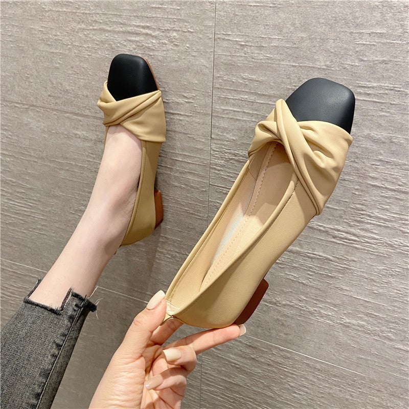 2023 Small Low Heel Shoes Shallow Mouth Square Toe Shoes Soft Top Shoes Apricot All-Match Shoes Foot Everyday Color Matching - Image 3