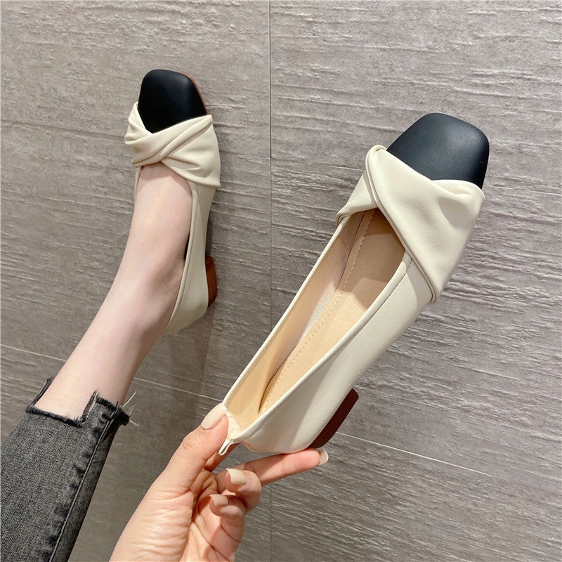 2023 Small Low Heel Shoes Shallow Mouth Square Toe Shoes Soft Top Shoes Apricot All-Match Shoes Foot Everyday Color Matching - Image 2
